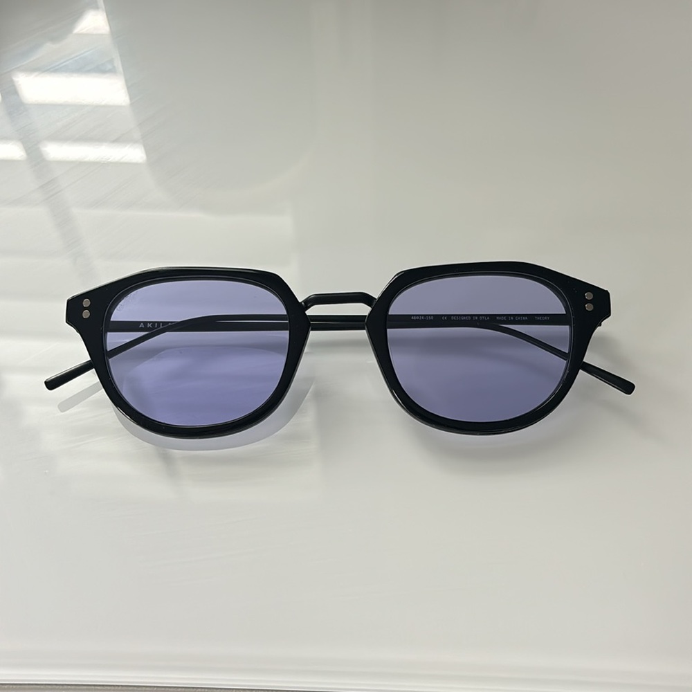 Akila “Theory” Sunglasses in Black Acetate and Violet Blue Lens